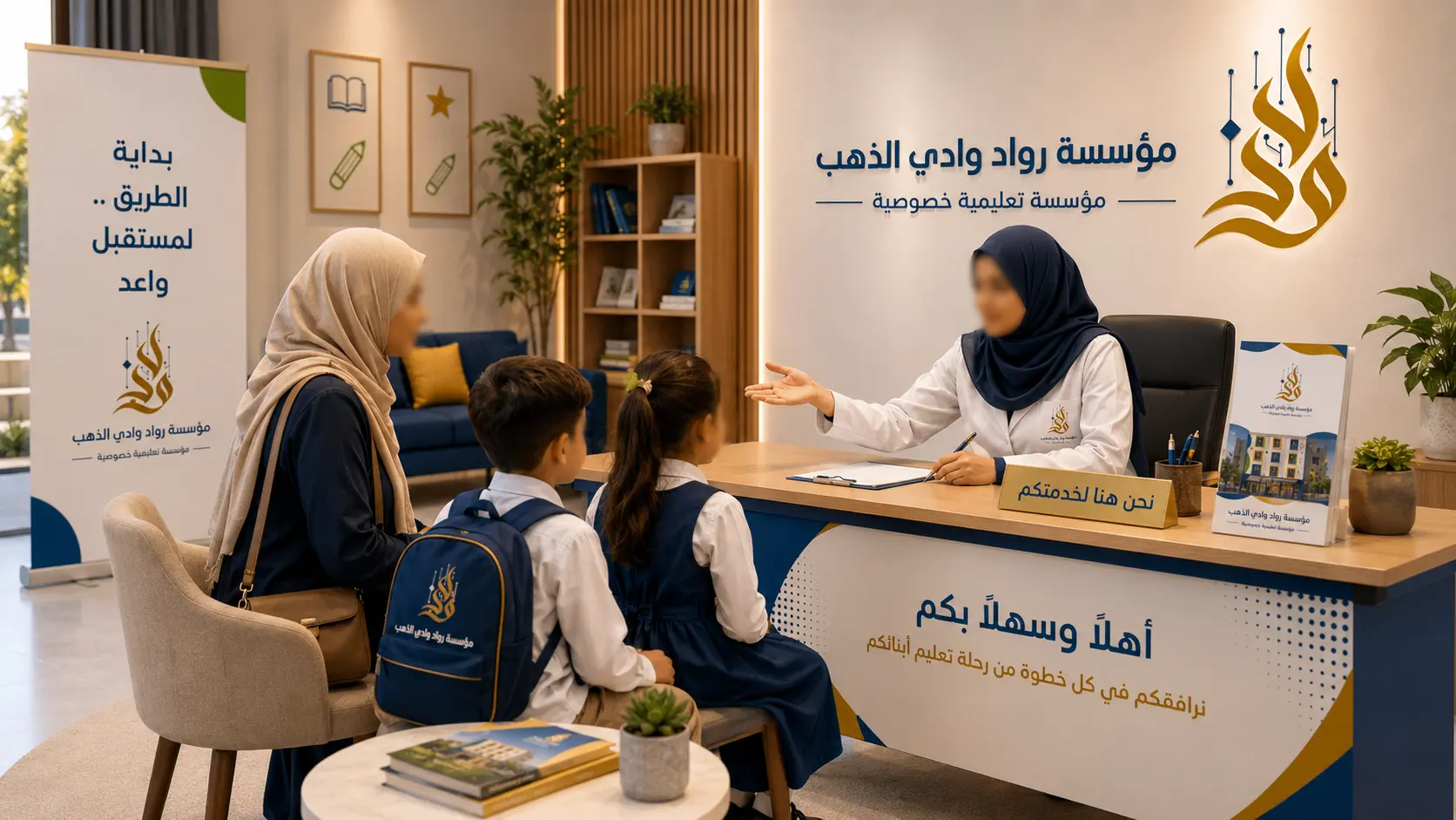 Premium illustration of a reassuring admissions welcome for families.