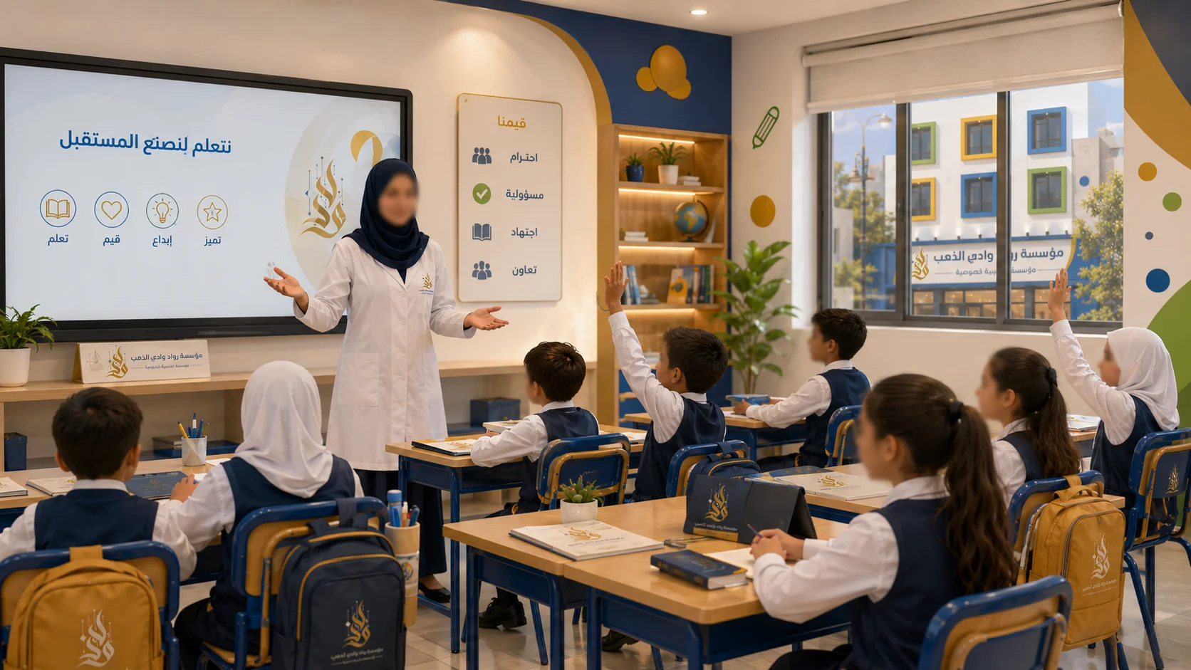 Premium illustration of pupils participating confidently in class.