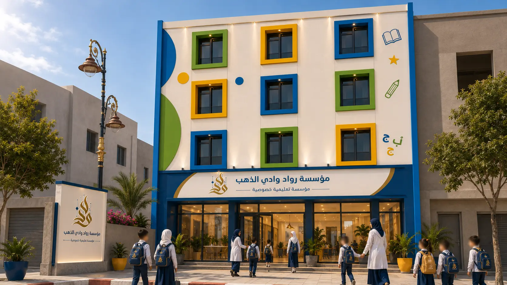 Premium illustration of the exterior identity of Rouad Oued Ed-dahab School.