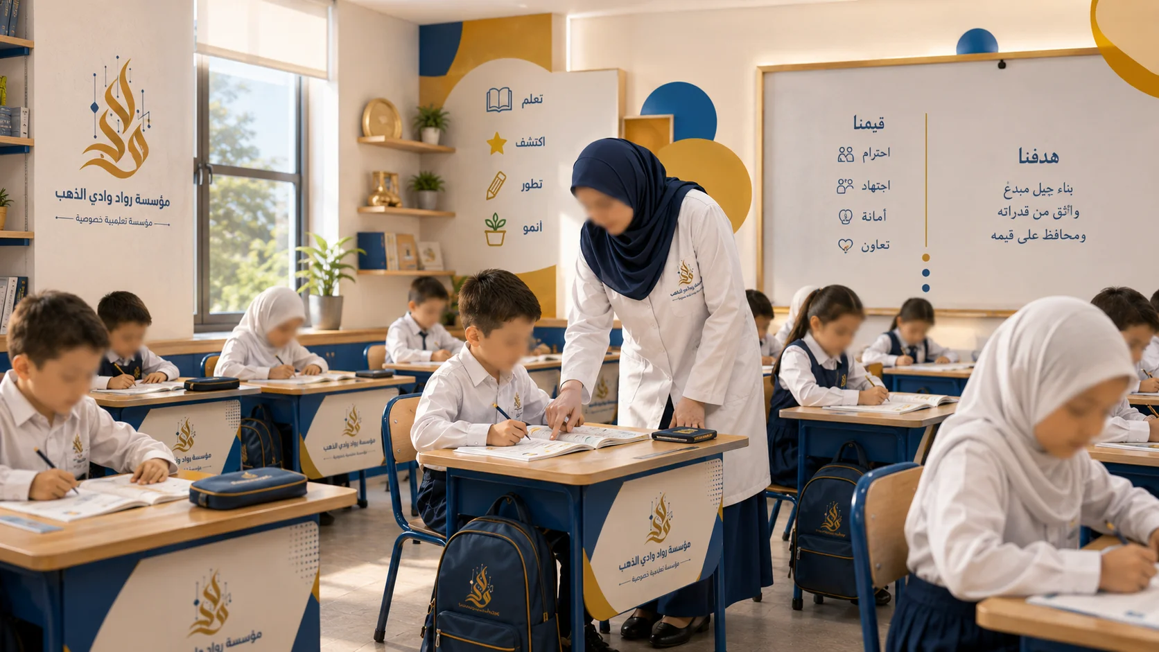 Premium illustration of teacher guidance in primary education.