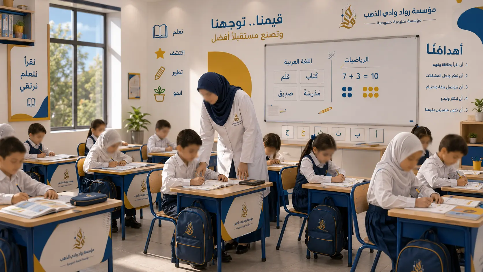 Premium illustration of a primary classroom learning scene.