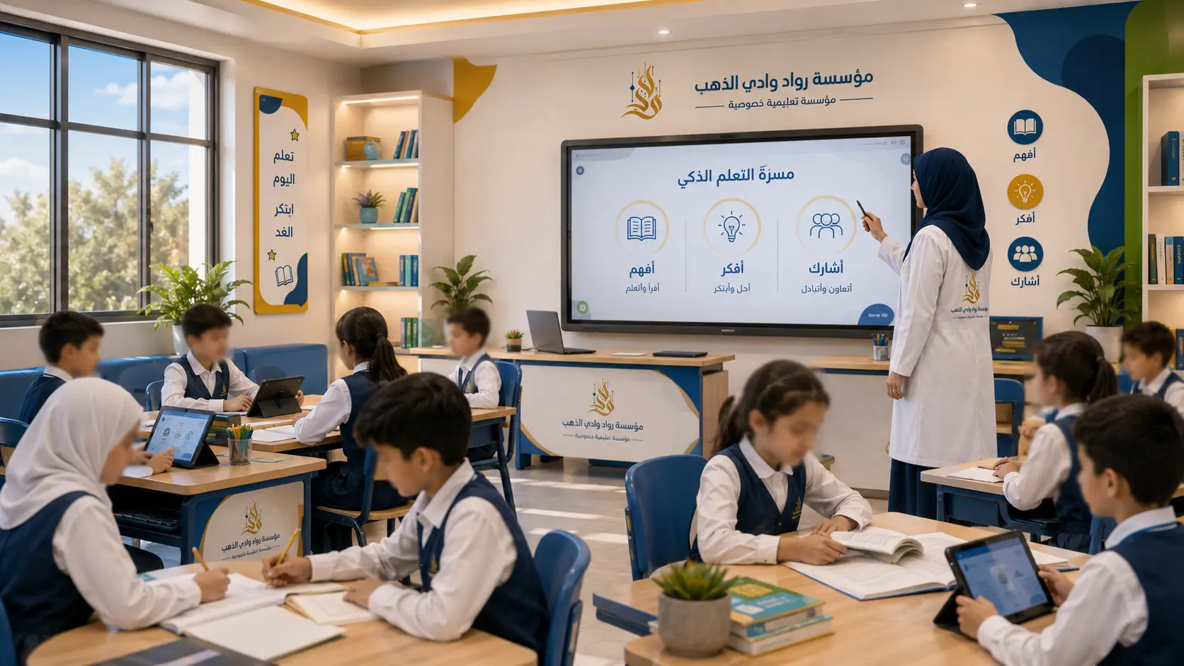 Premium illustration of teacher-guided digital learning.